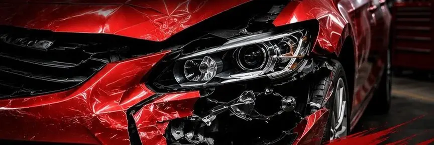 Front-end collision damage on a red car